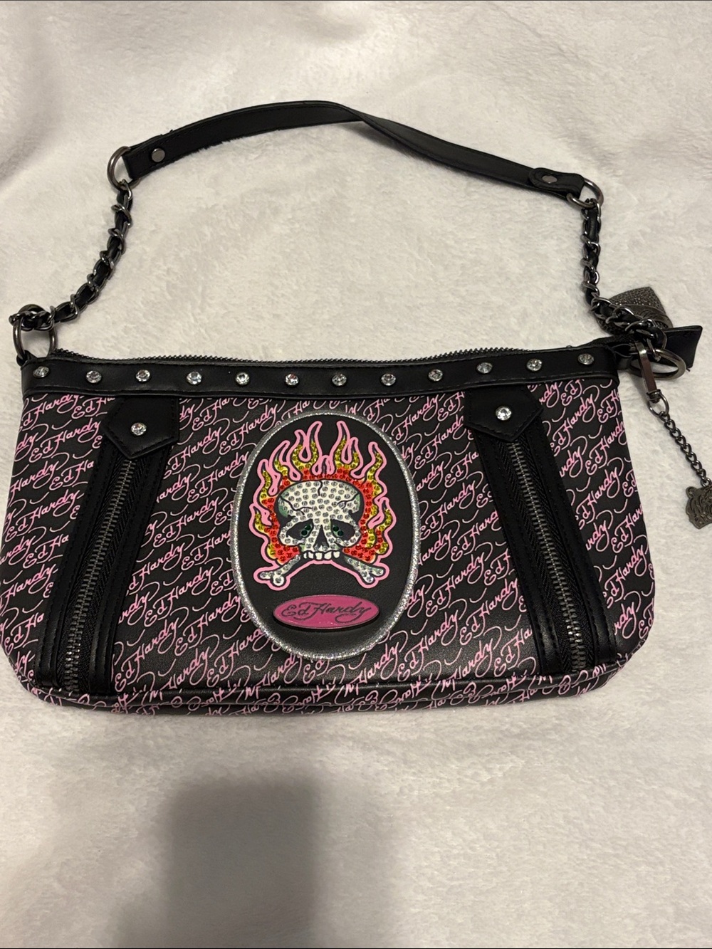 Ed Hardy Black & Pink Flame Skull Shoulder Bag